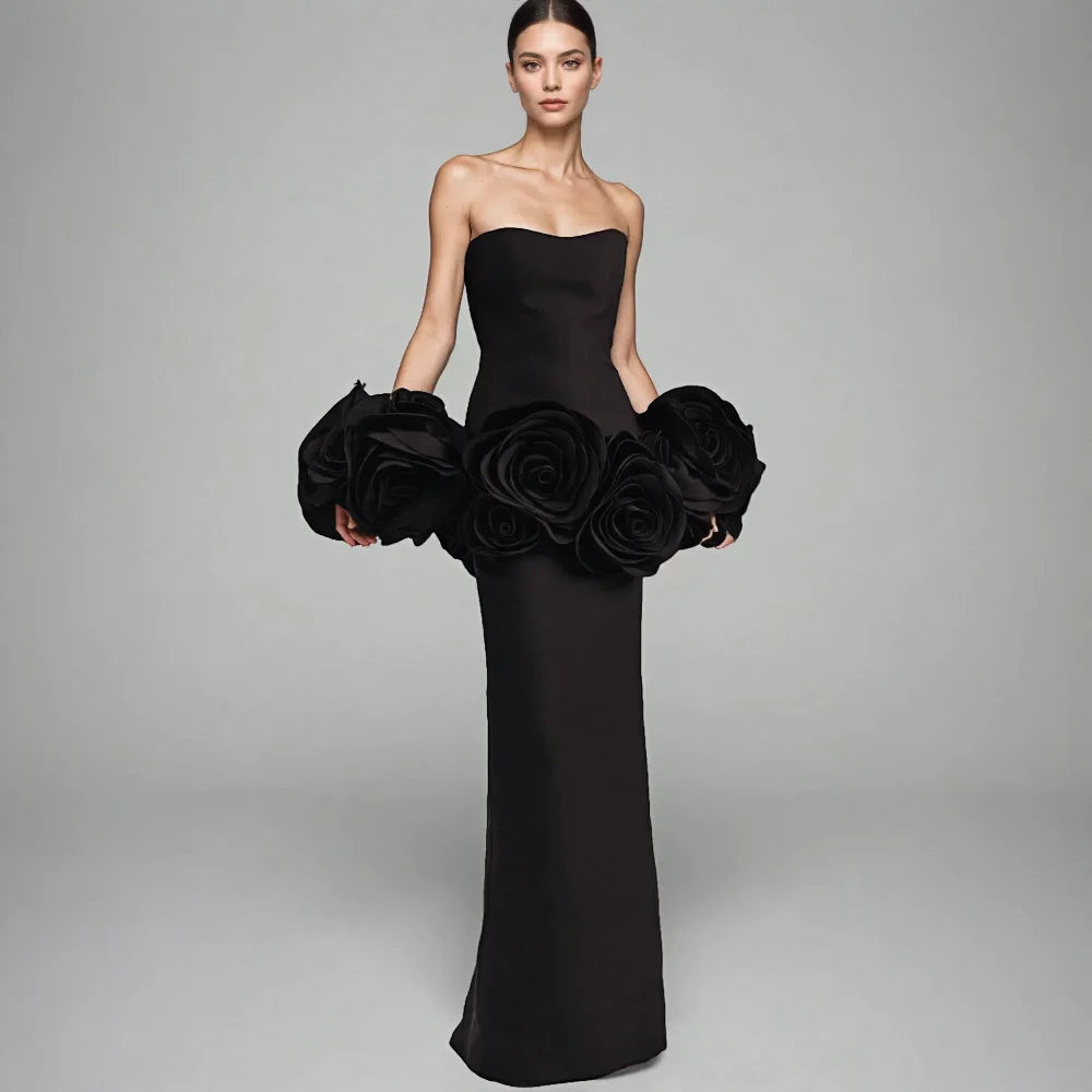 Wholesale Womens Clothing 2025 Ladies Prom Dresses 3D Flower Elegant Black Long Evening Gowns Engagement Party Dress for Women