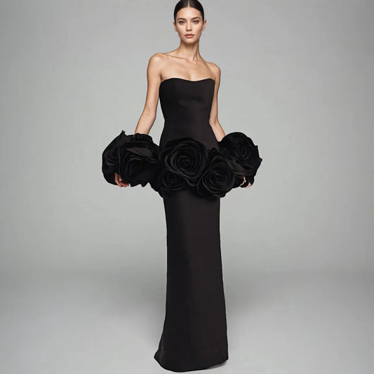 Wholesale Womens Clothing 2025 Ladies Prom Dresses 3D Flower Elegant Black Long Evening Gowns Engagement Party Dress for Women