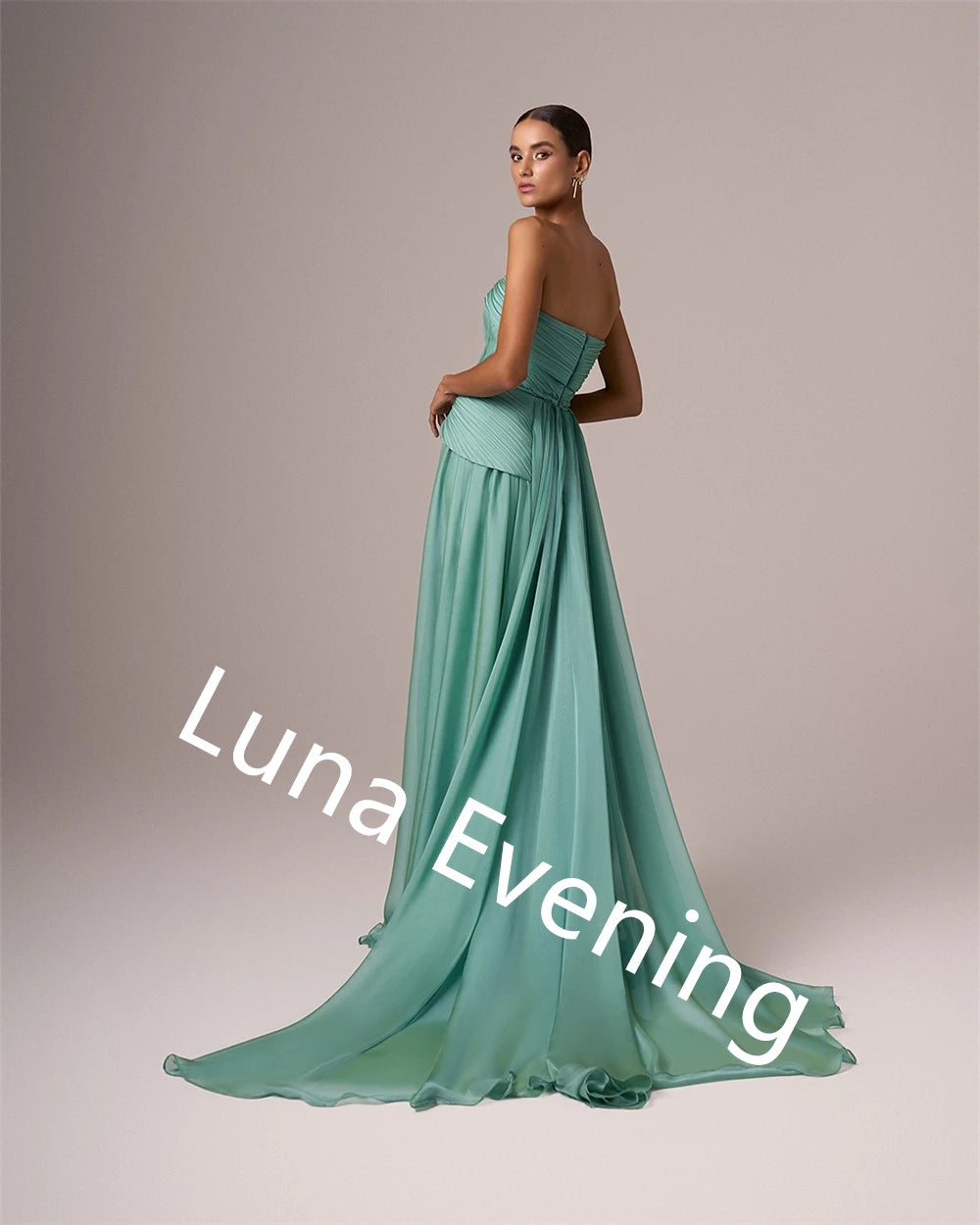 Customized  Delicate  Green Chiffon Evening Dress Strapless Sleeveless Celebrity Gowns Belt Special Occasion Gowns Luxu