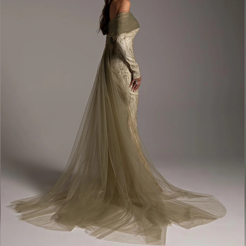 Customized  Classic Tulle Mermaid Off the Shoulder Evening Dress Strapless Floor Length Long Sleeves Panel Train Photo