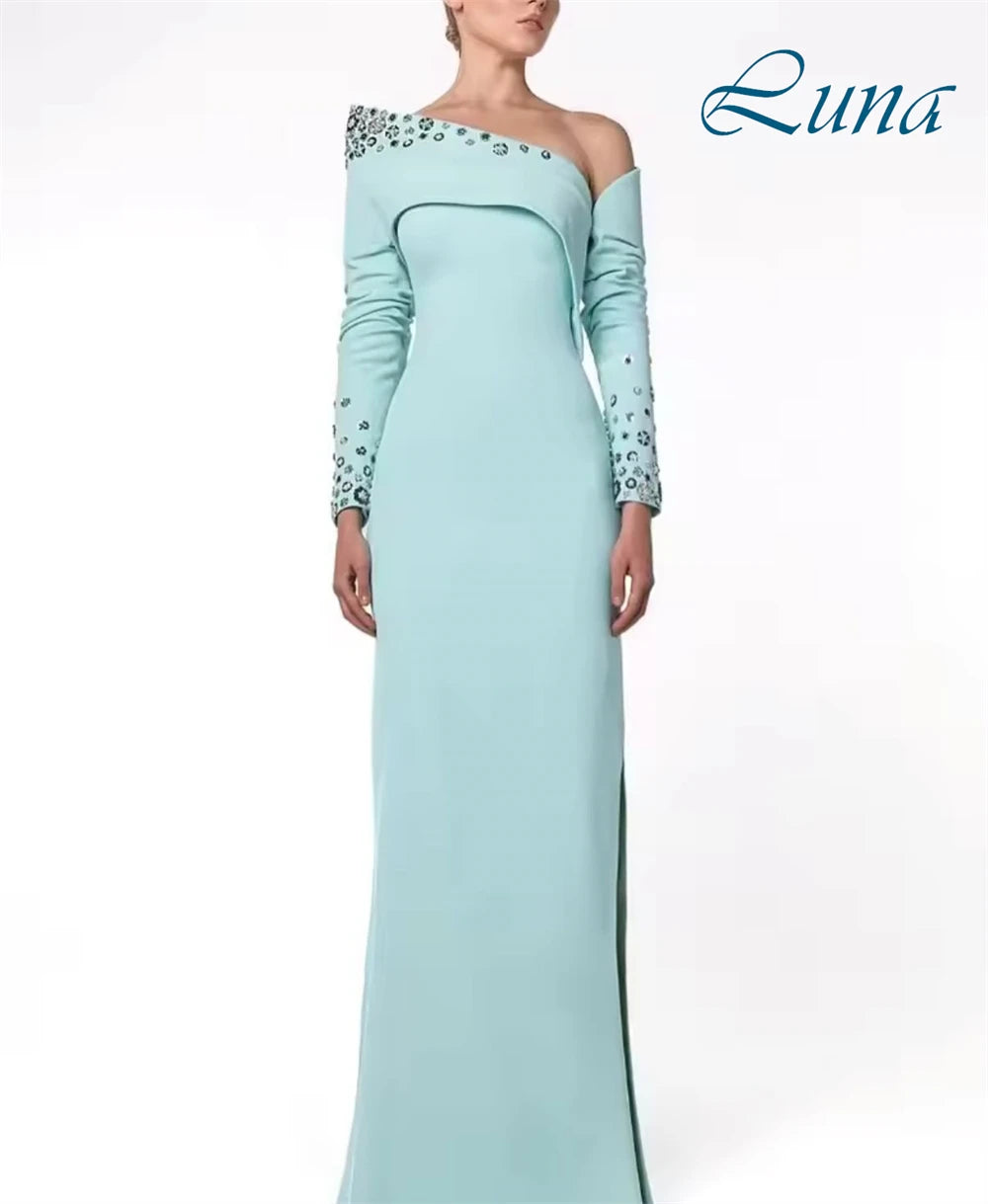 Customized Exquisite One Shoulder Long Sleeves Evening Dress High Quality Satin Prom Dresses Delicate Crystal Party Gowns