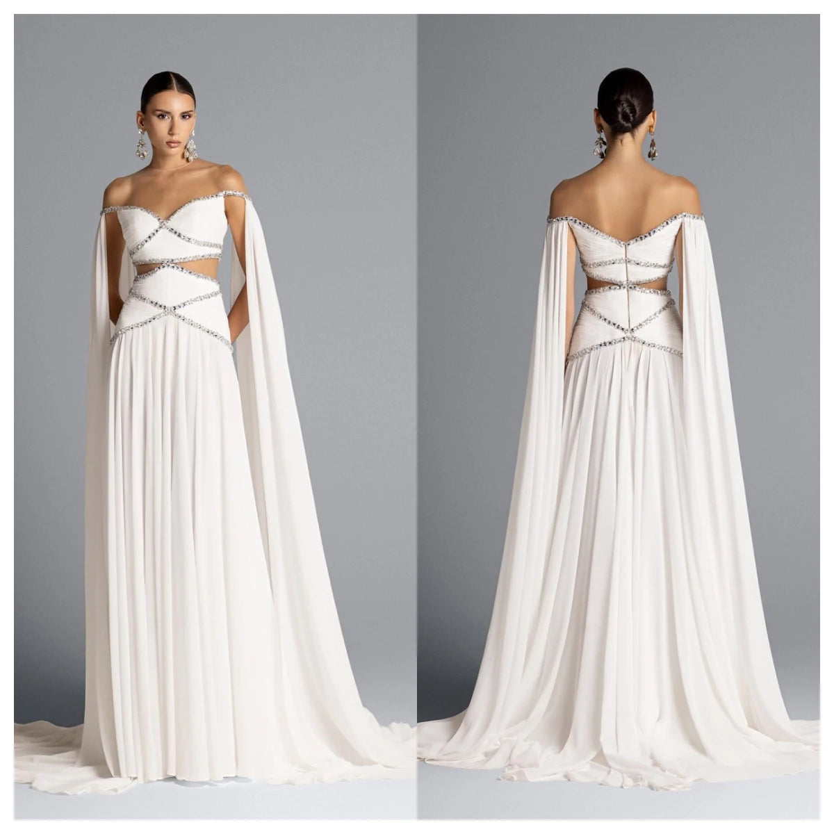 Customized  Temperament  White Chiffon Evening Dress Boat Neck Off the Shoulder Sleeveless Celebrity Gowns Crystal Part