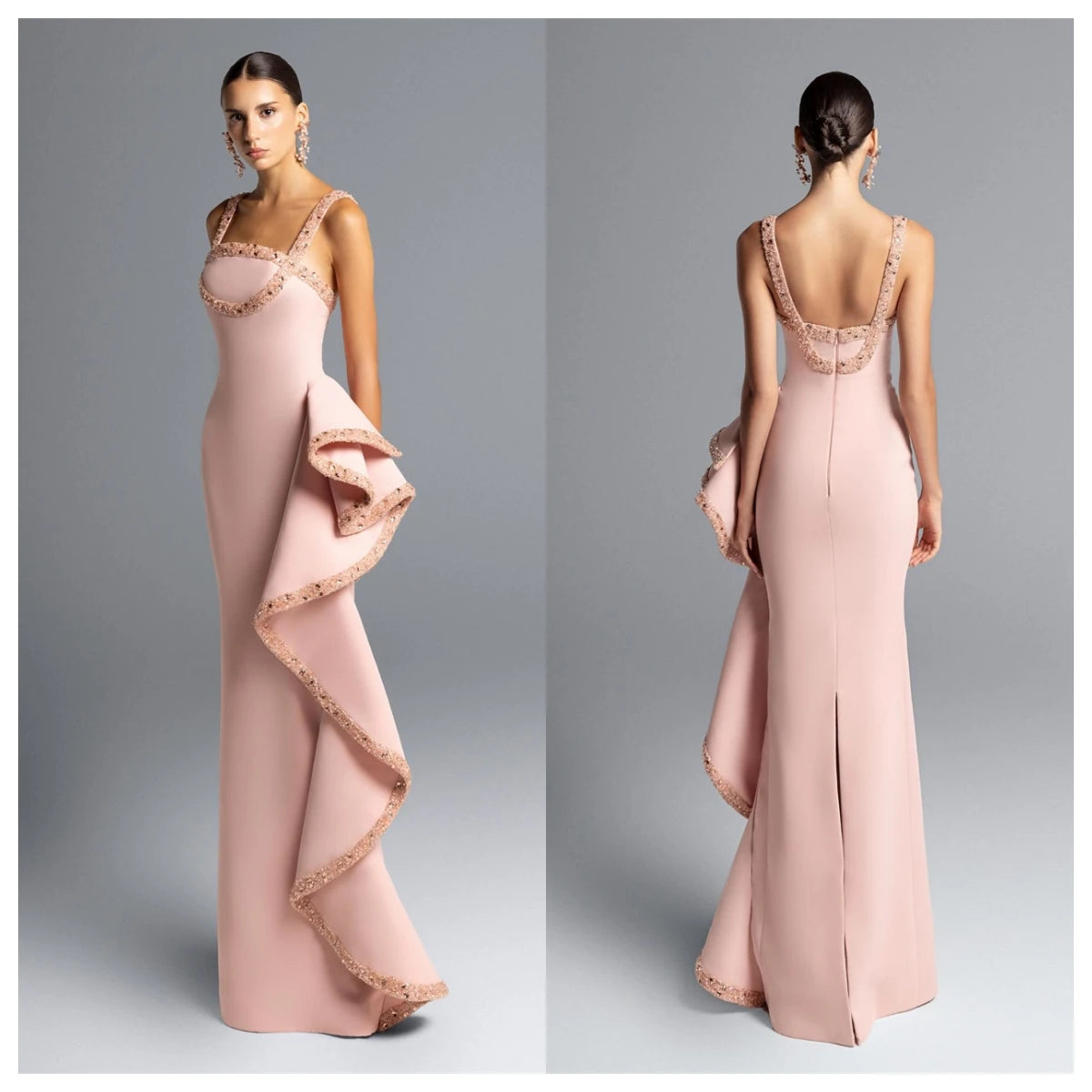 Customized  Exquisite Pink Jersey Evening Dress Square Collar Spaghetti Straps Sleeveless Homecoming Dress Crystal Part