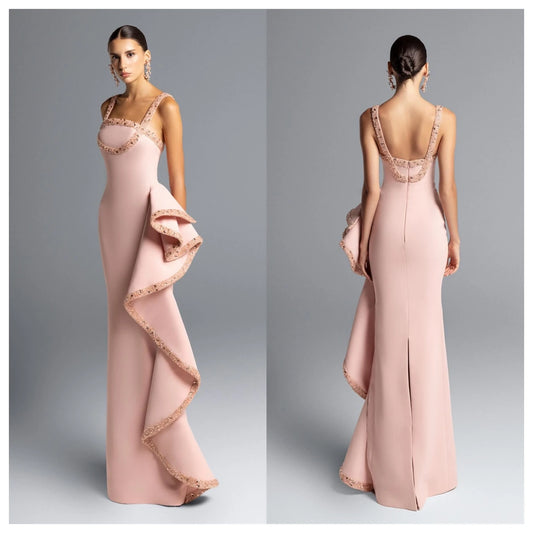 Customized  Exquisite Pink Jersey Evening Dress Square Collar Spaghetti Straps Sleeveless Homecoming Dress Crystal Part