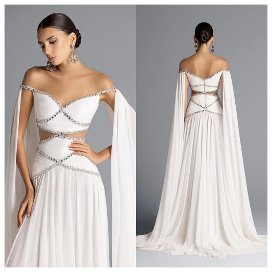 Customized  Temperament  White Chiffon Evening Dress Boat Neck Off the Shoulder Sleeveless Celebrity Gowns Crystal Part