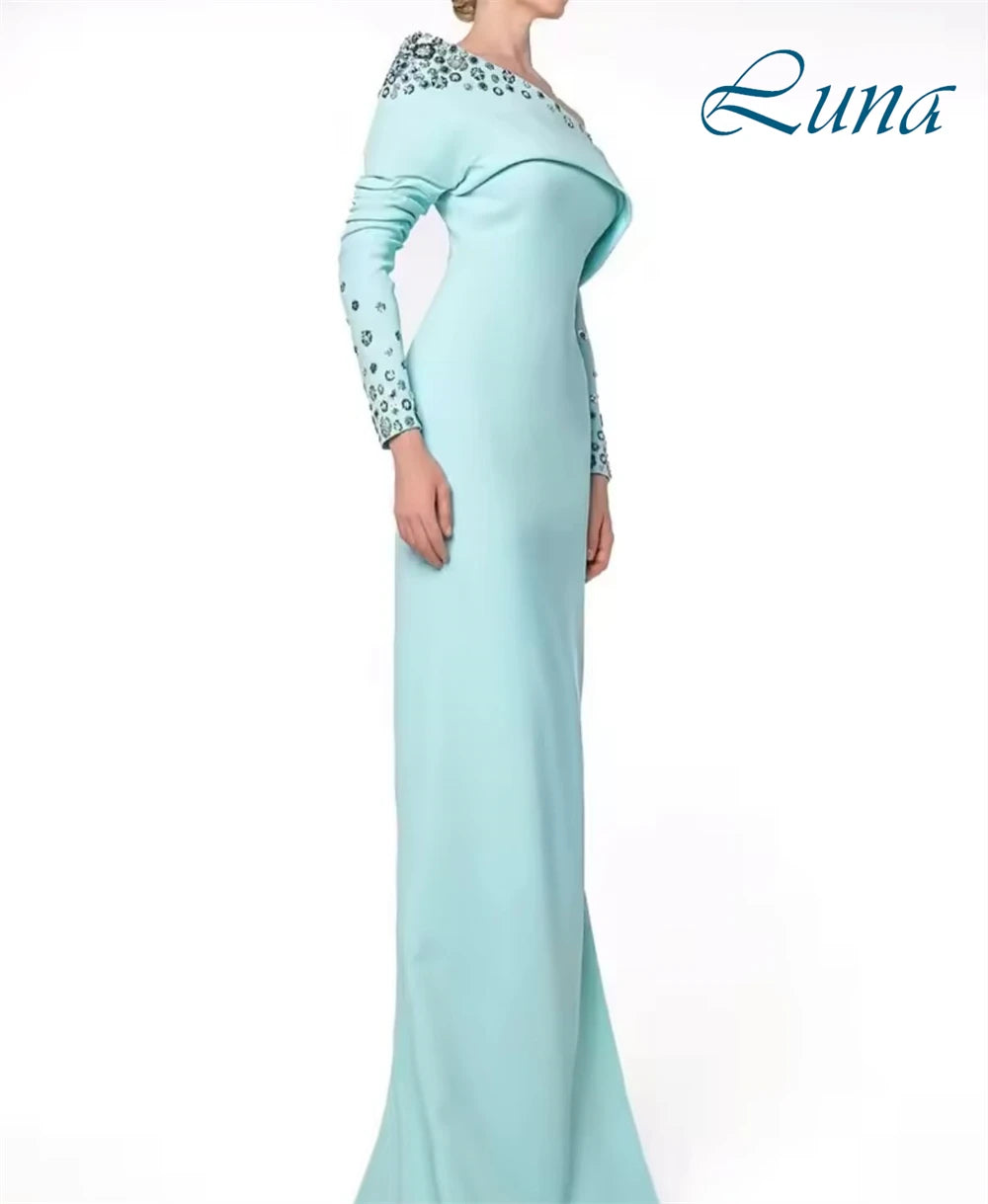 Customized Exquisite One Shoulder Long Sleeves Evening Dress High Quality Satin Prom Dresses Delicate Crystal Party Gowns