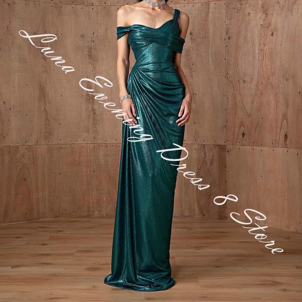 Customized Exquisite Satin Straight Off the Shoulder Evening Dress Floor Length Short Sleeves Sweep Train Vestidos de fiesta