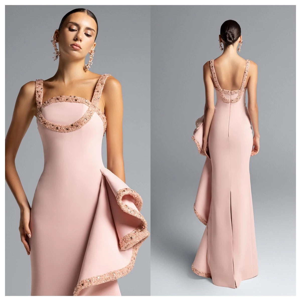 Customized  Exquisite Pink Jersey Evening Dress Square Collar Spaghetti Straps Sleeveless Homecoming Dress Crystal Part