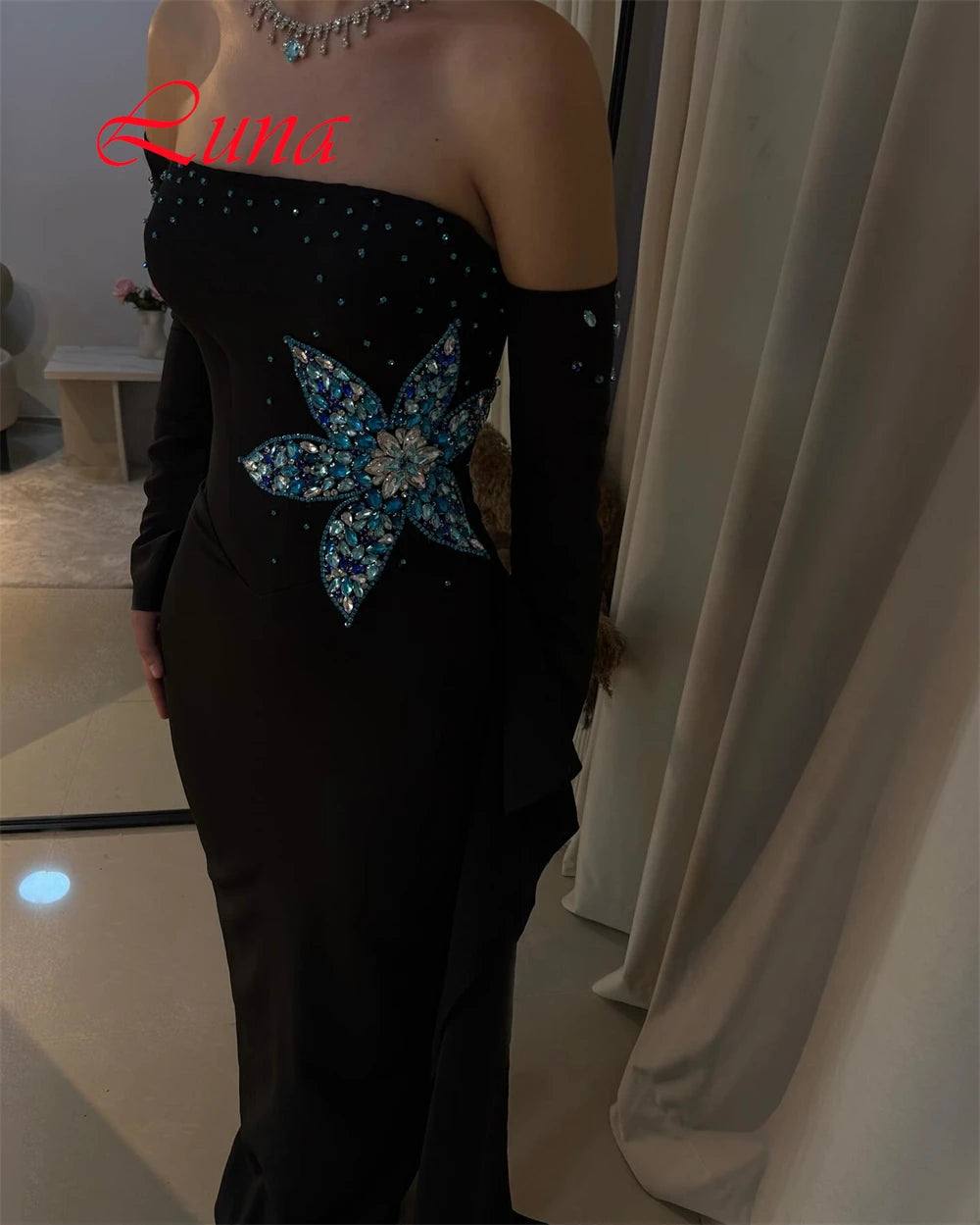 Customized Exquisite Strapless Detachable Sleeve Evening Dress High Quality Satin Prom Dresses Luxury Crystal Bridal Party Gowns