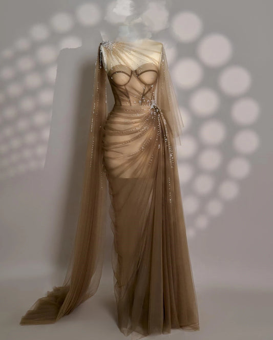 Customized High Quality Tulle Straight Cap Sleeve Crystal Evening Dresses Crew Neck Sleeveless Watteau Train Party Dress