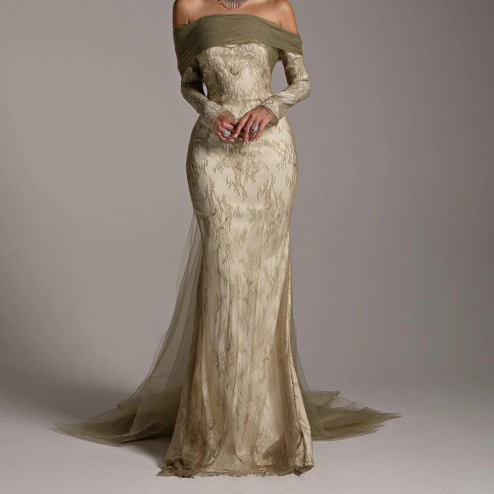 Customized  Classic Tulle Mermaid Off the Shoulder Evening Dress Strapless Floor Length Long Sleeves Panel Train Photo