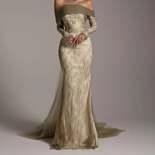 Customized  Classic Tulle Mermaid Off the Shoulder Evening Dress Strapless Floor Length Long Sleeves Panel Train Photo