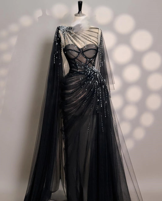 Customized Delicate Tulle Straight Cap Sleeve Crystal Evening Dresses Crew Neck Sleeveless Black Watteau Train Prom Dress