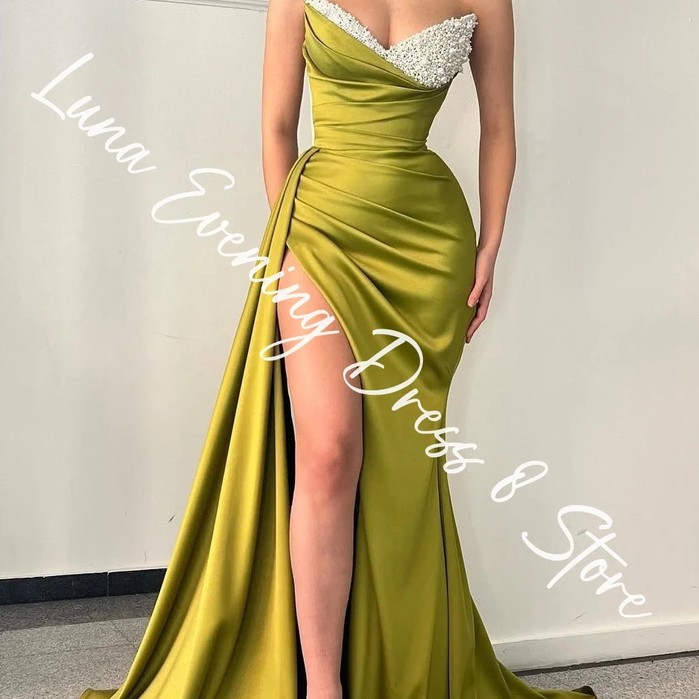 Customized Fashion Satin Straight Pearls Evening Dresses Strapless Sleeveless Panel Train Bespoke Occasion Gowns Exquisite