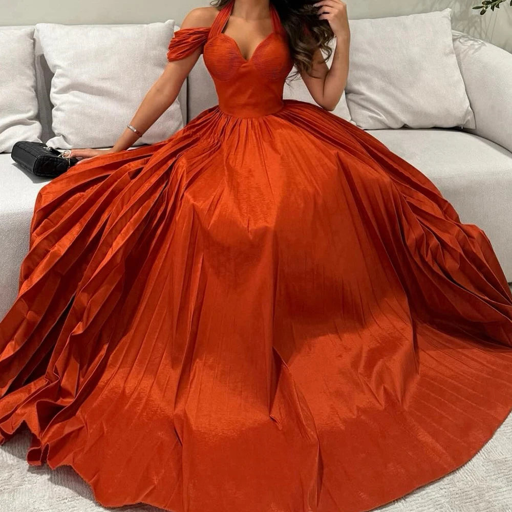 Customized Satin A-Line Off the Shoulder Evening Dress Halter Floor Length Panel Train Solid Color Bespoke Occasion Gowns