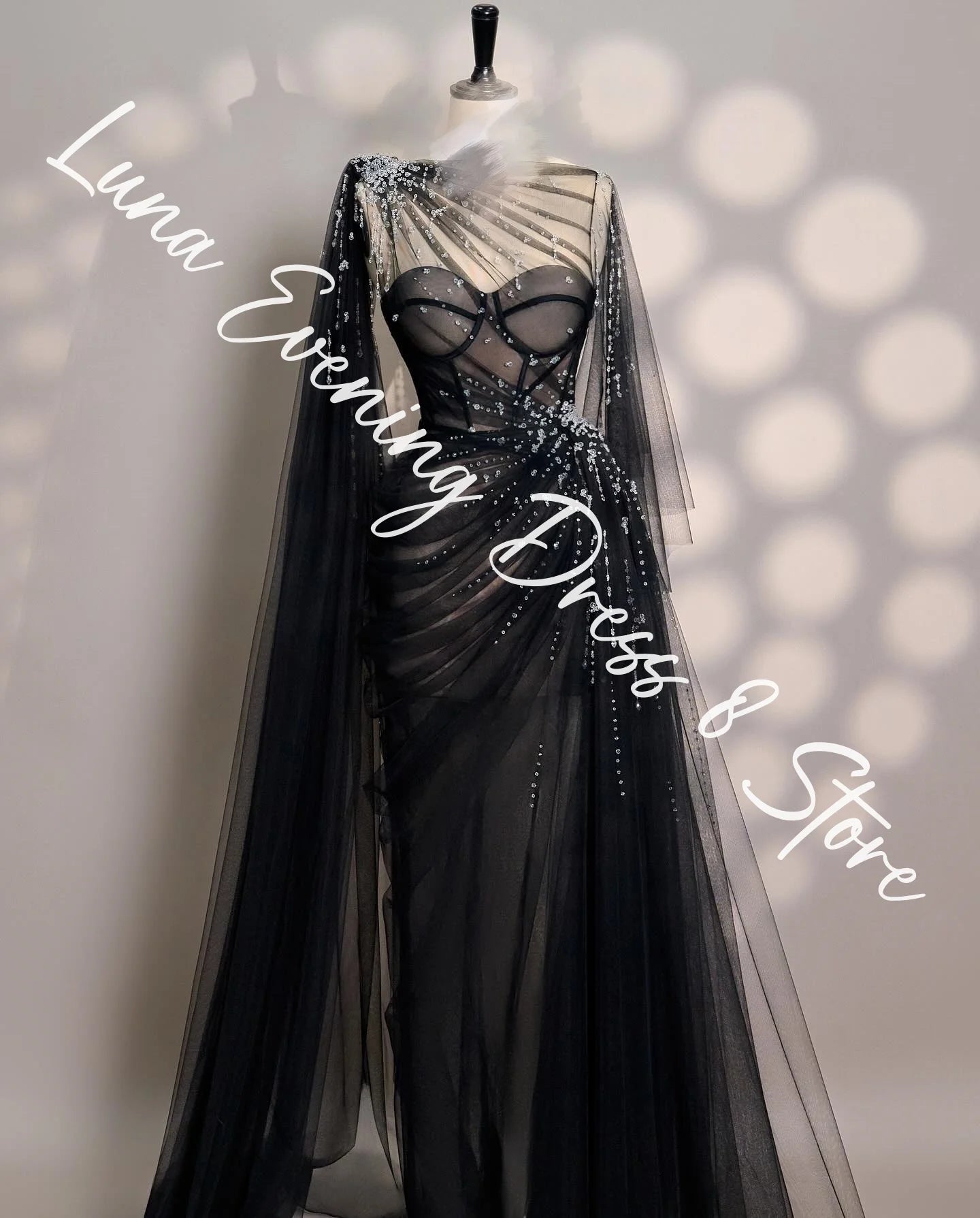 Customized Delicate Tulle Straight Cap Sleeve Crystal Evening Dresses Crew Neck Sleeveless Black Watteau Train Prom Dress