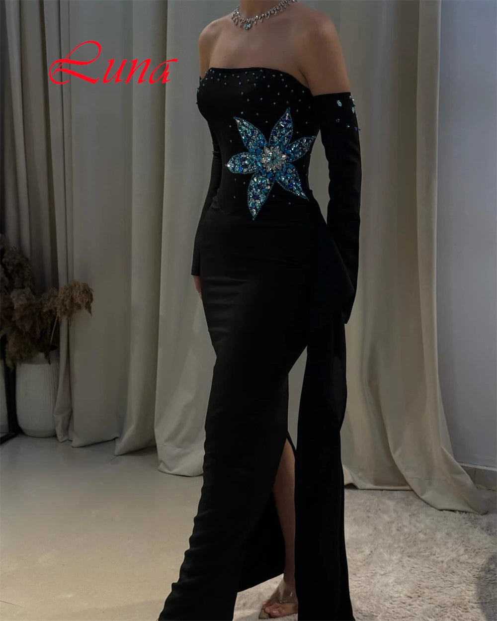 Customized Exquisite Strapless Detachable Sleeve Evening Dress High Quality Satin Prom Dresses Luxury Crystal Bridal Party Gowns