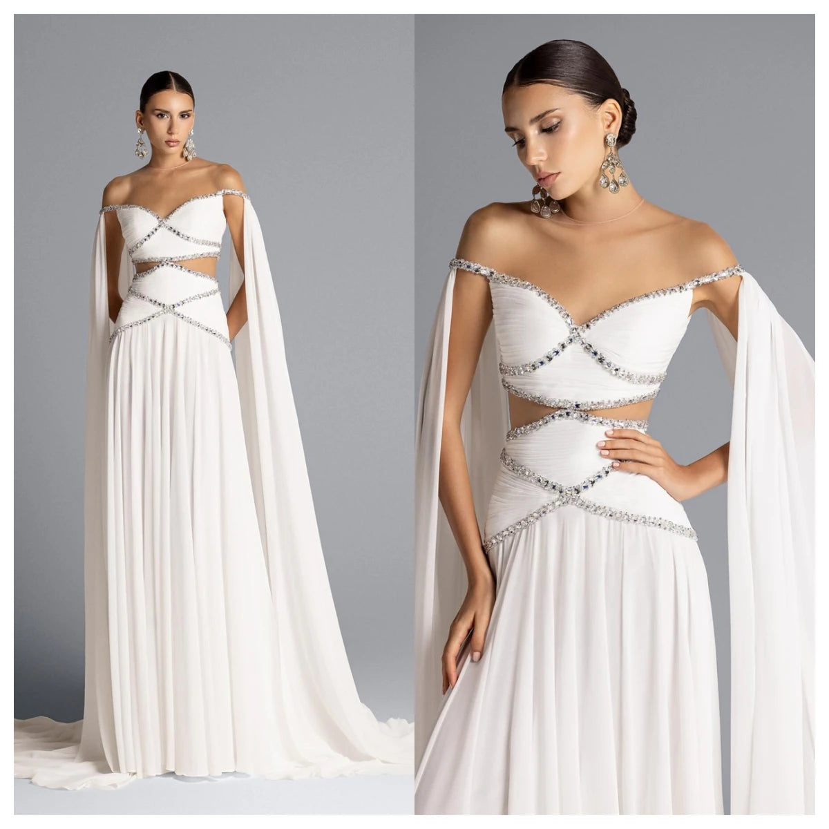 Customized  Temperament  White Chiffon Evening Dress Boat Neck Off the Shoulder Sleeveless Celebrity Gowns Crystal Part