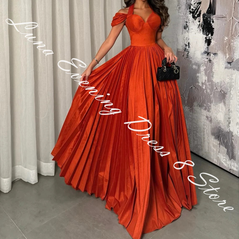 Customized Satin A-Line Off the Shoulder Evening Dress Halter Floor Length Panel Train Solid Color Bespoke Occasion Gowns