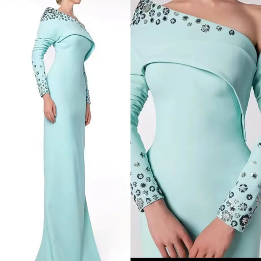 Customized Exquisite One Shoulder Long Sleeves Evening Dress High Quality Satin Prom Dresses Delicate Crystal Party Gowns