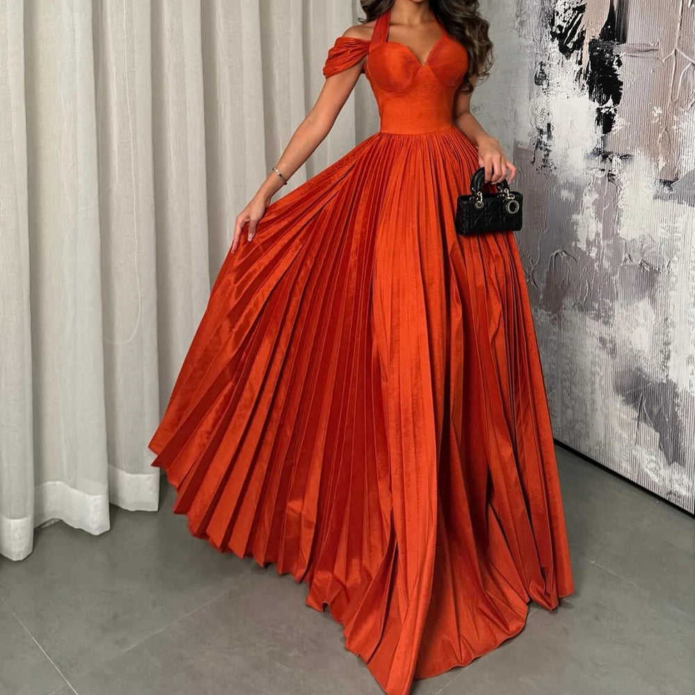Customized Satin A-Line Off the Shoulder Evening Dress Halter Floor Length Panel Train Solid Color Bespoke Occasion Gowns