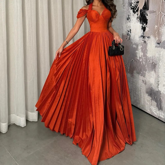 Customized Satin A-Line Off the Shoulder Evening Dress Halter Floor Length Panel Train Solid Color Bespoke Occasion Gowns