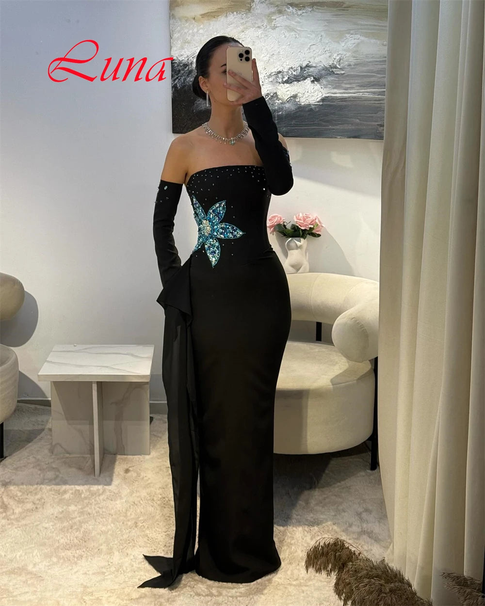 Customized Exquisite Strapless Detachable Sleeve Evening Dress High Quality Satin Prom Dresses Luxury Crystal Bridal Party Gowns