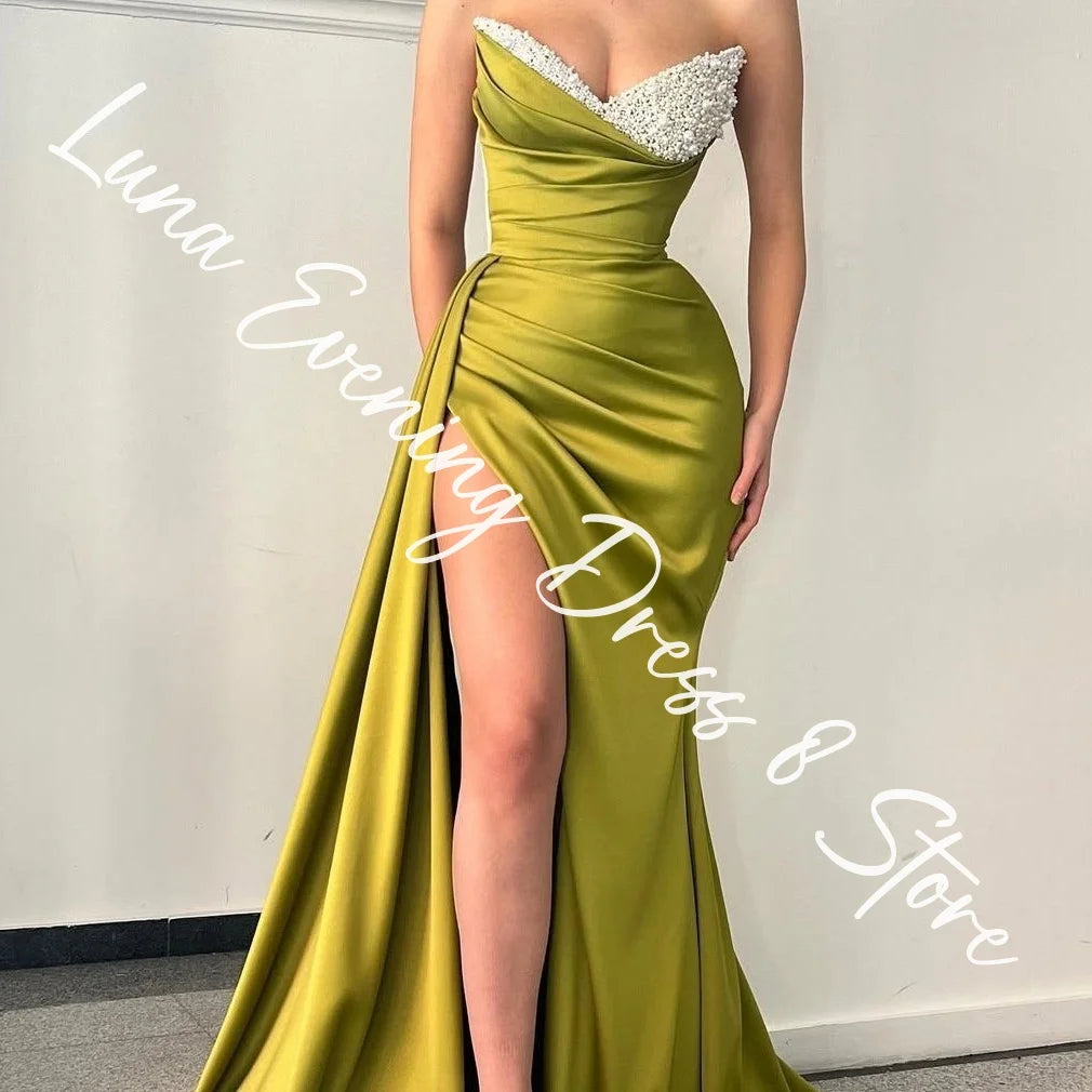 Customized Fashion Satin Straight Pearls Evening Dresses Strapless Sleeveless Panel Train Bespoke Occasion Gowns Exquisite