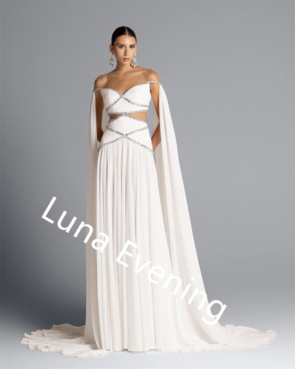 Customized  Temperament  White Chiffon Evening Dress Boat Neck Off the Shoulder Sleeveless Celebrity Gowns Crystal Part