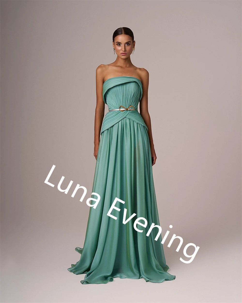 Customized  Delicate  Green Chiffon Evening Dress Strapless Sleeveless Celebrity Gowns Belt Special Occasion Gowns Luxu