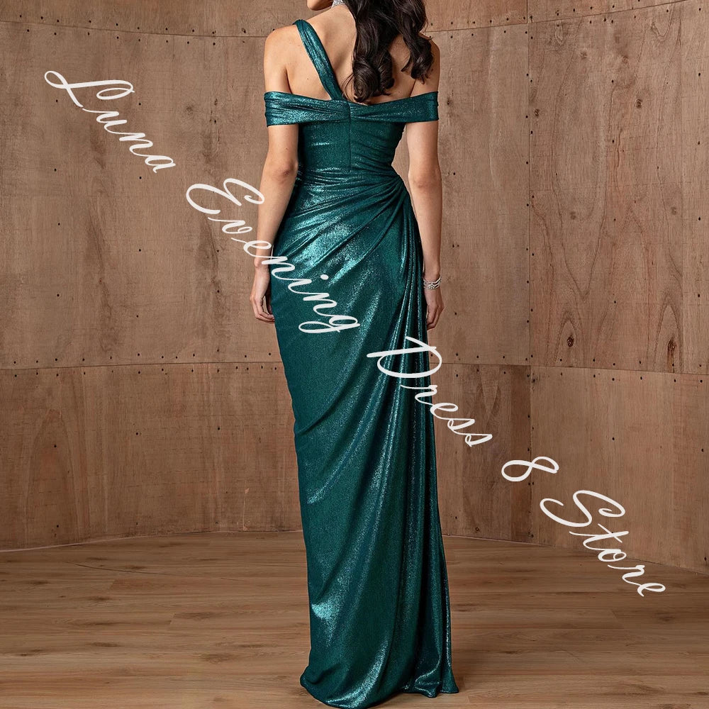 Customized Exquisite Satin Straight Off the Shoulder Evening Dress Floor Length Short Sleeves Sweep Train Vestidos de fiesta