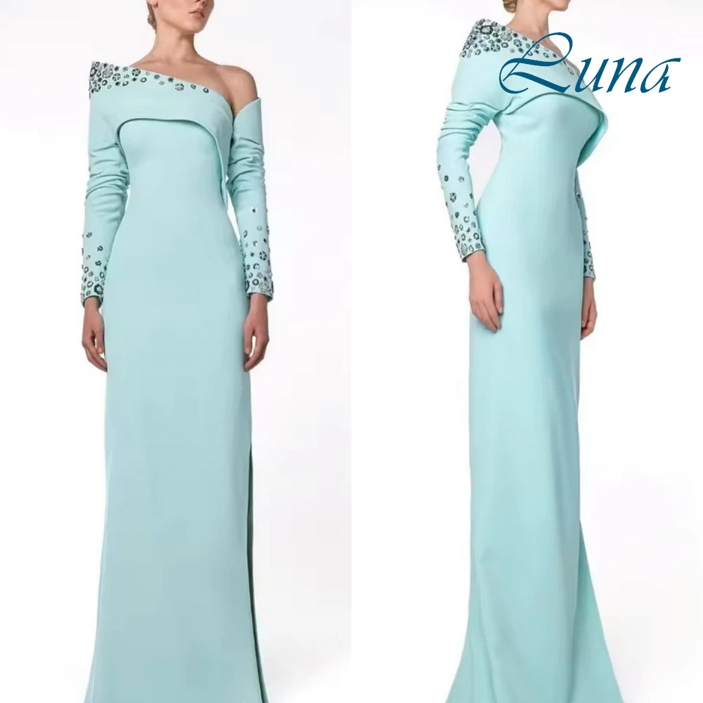 Customized Exquisite One Shoulder Long Sleeves Evening Dress High Quality Satin Prom Dresses Delicate Crystal Party Gowns