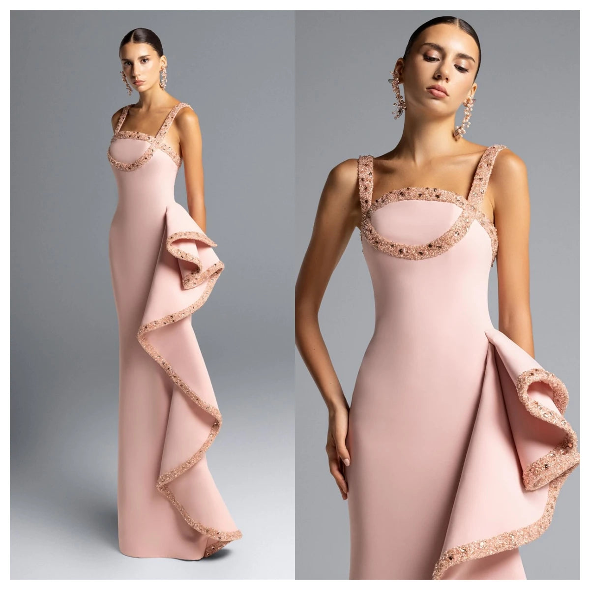 Customized  Exquisite Pink Jersey Evening Dress Square Collar Spaghetti Straps Sleeveless Homecoming Dress Crystal Part