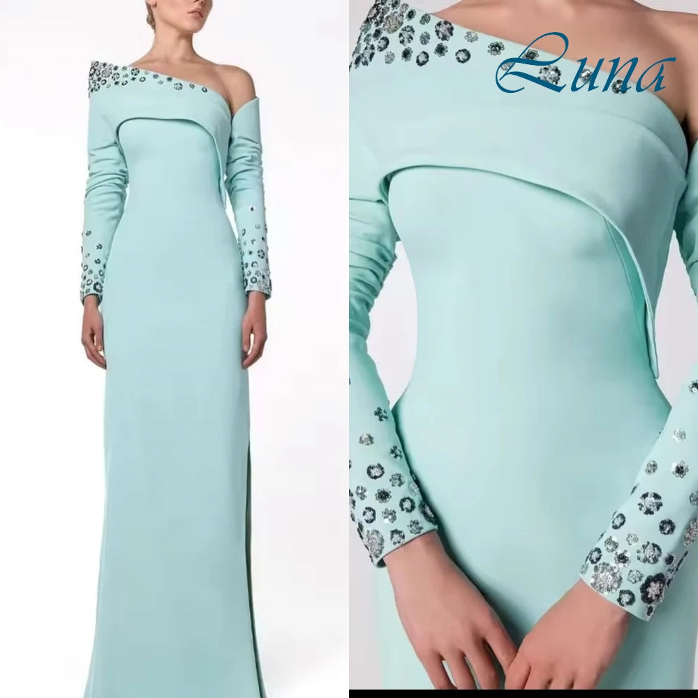 Customized Exquisite One Shoulder Long Sleeves Evening Dress High Quality Satin Prom Dresses Delicate Crystal Party Gowns