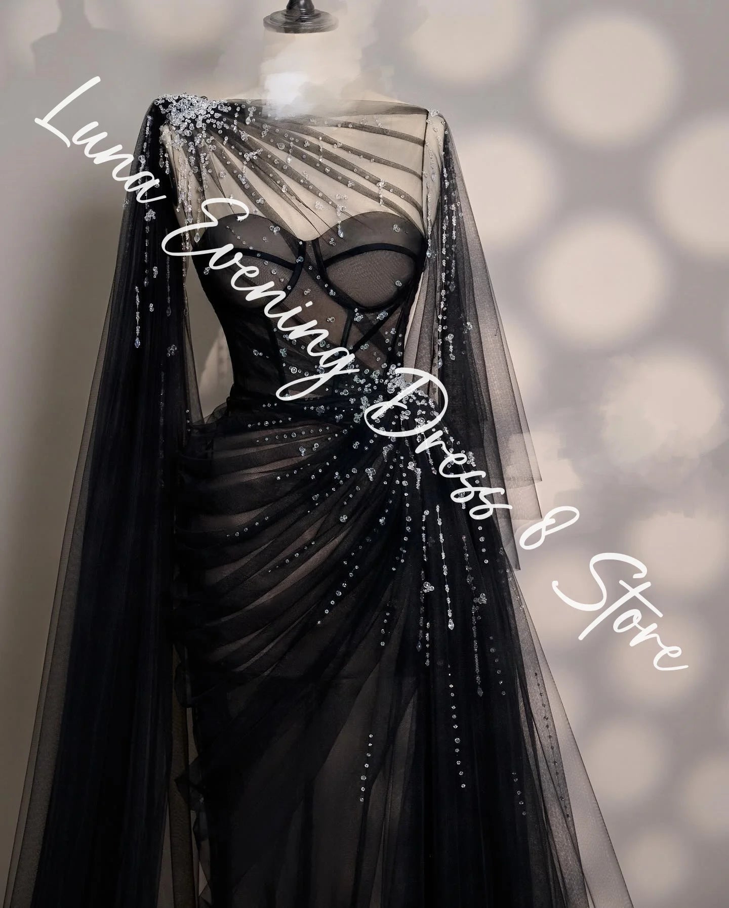 Customized Delicate Tulle Straight Cap Sleeve Crystal Evening Dresses Crew Neck Sleeveless Black Watteau Train Prom Dress