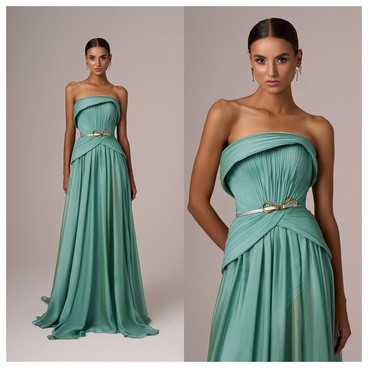 Customized  Delicate  Green Chiffon Evening Dress Strapless Sleeveless Celebrity Gowns Belt Special Occasion Gowns Luxu