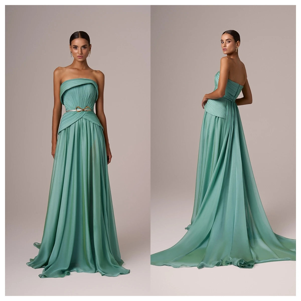 Customized  Delicate  Green Chiffon Evening Dress Strapless Sleeveless Celebrity Gowns Belt Special Occasion Gowns Luxu