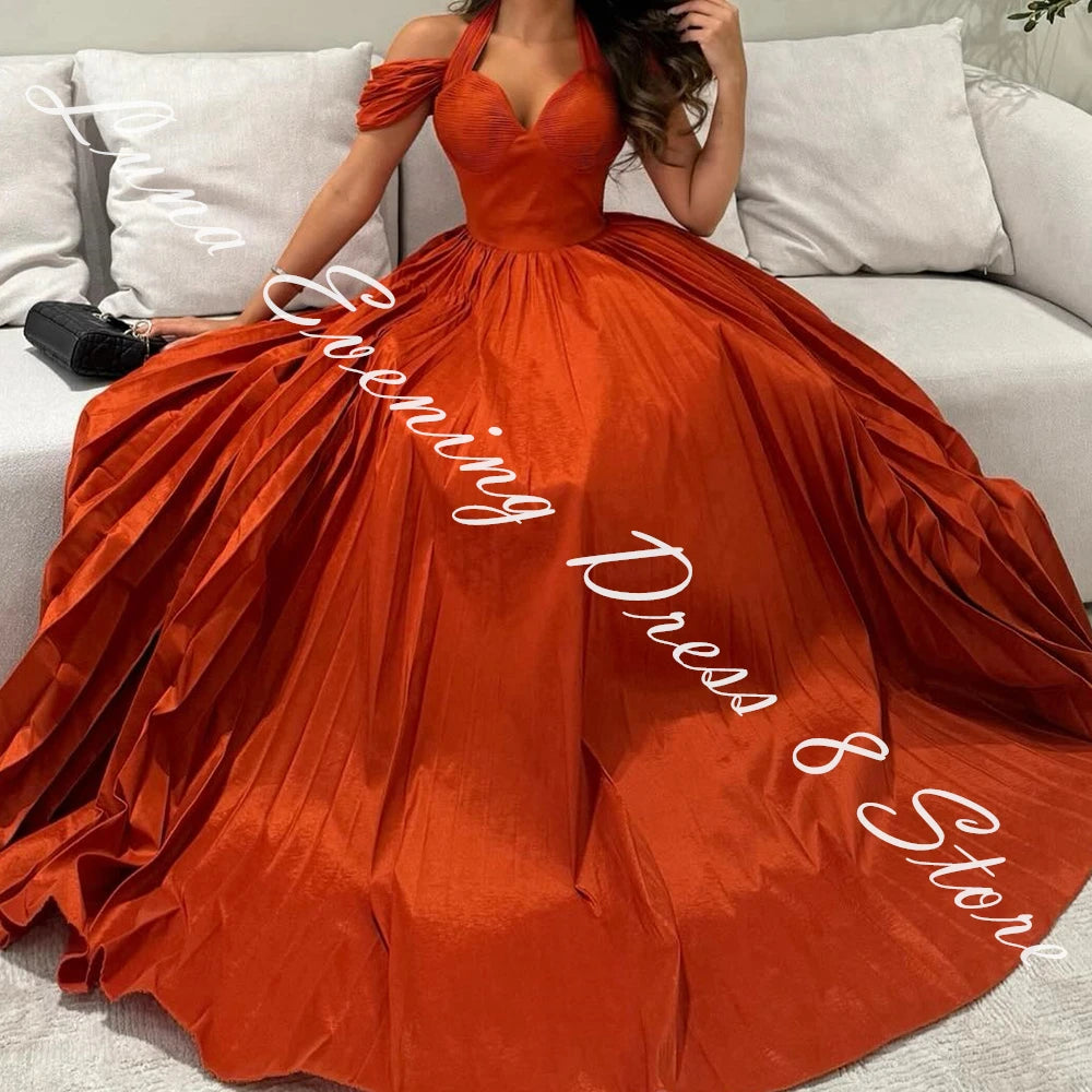 Customized Satin A-Line Off the Shoulder Evening Dress Halter Floor Length Panel Train Solid Color Bespoke Occasion Gowns