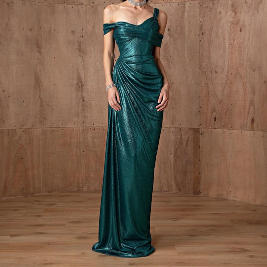 Customized Exquisite Satin Straight Off the Shoulder Evening Dress Floor Length Short Sleeves Sweep Train Vestidos de fiesta