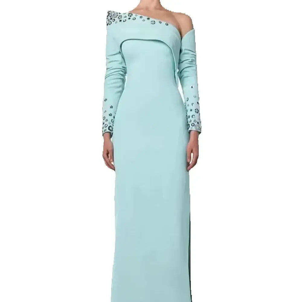 Customized Exquisite One Shoulder Long Sleeves Evening Dress High Quality Satin Prom Dresses Delicate Crystal Party Gowns