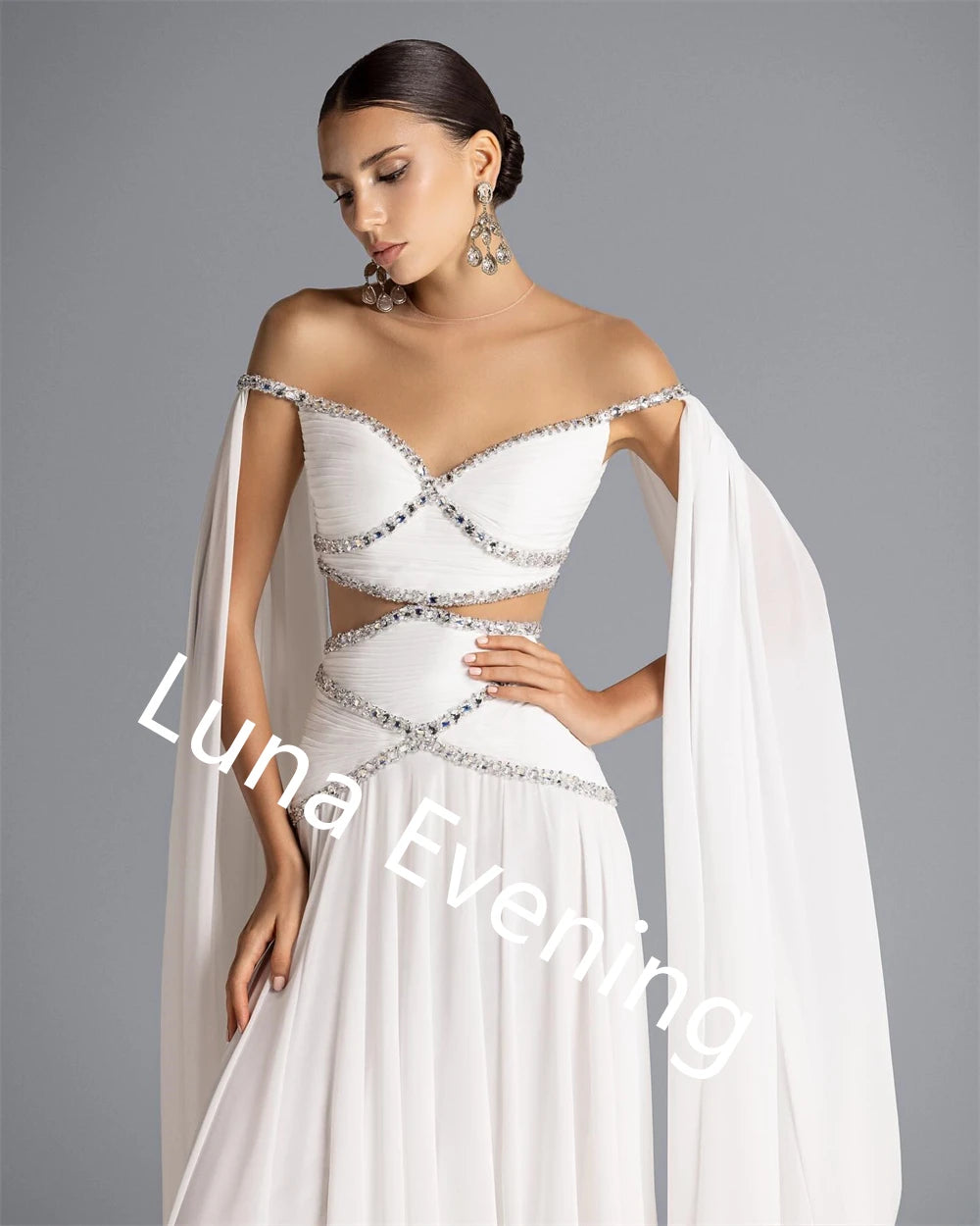 Customized  Temperament  White Chiffon Evening Dress Boat Neck Off the Shoulder Sleeveless Celebrity Gowns Crystal Part