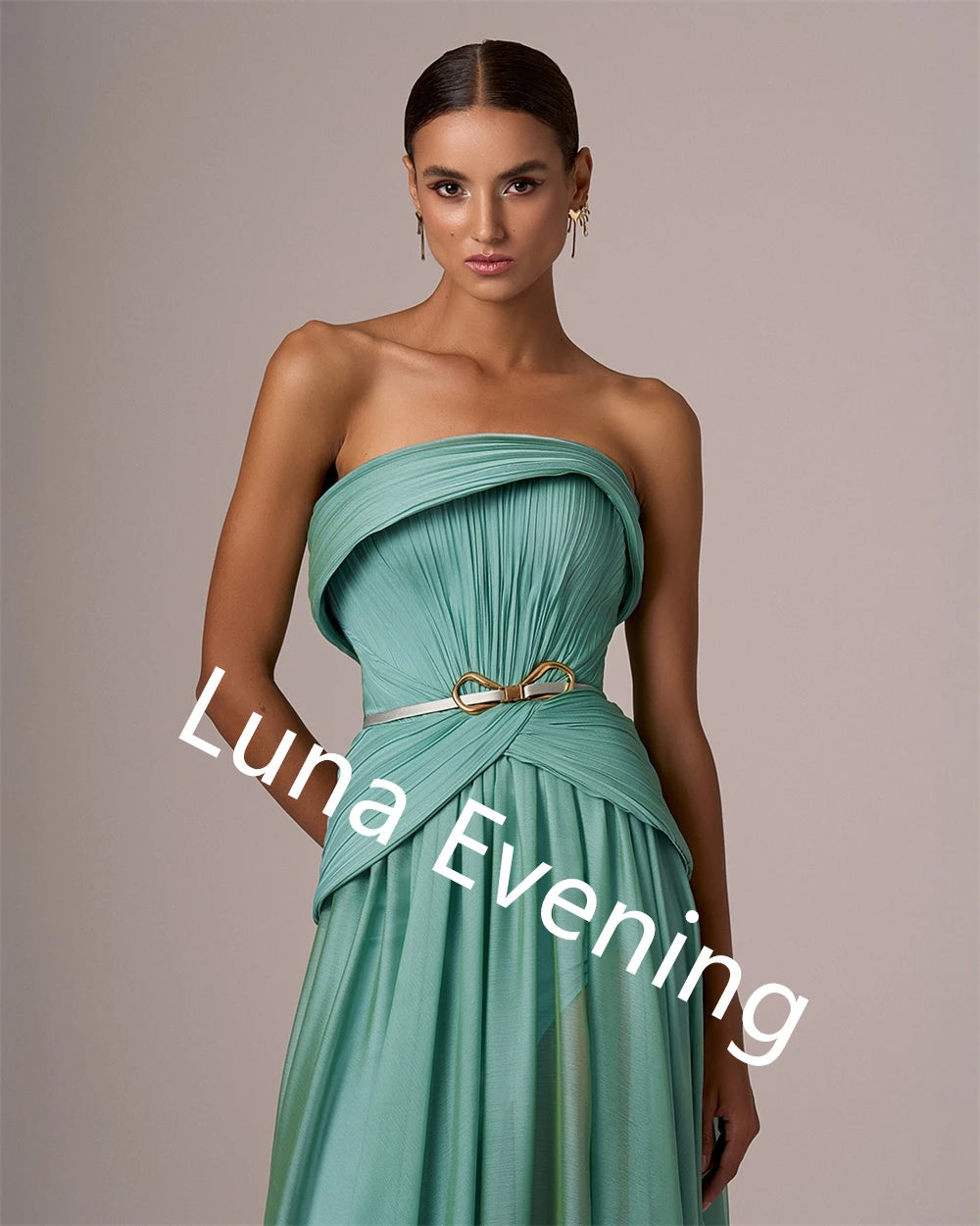 Customized  Delicate  Green Chiffon Evening Dress Strapless Sleeveless Celebrity Gowns Belt Special Occasion Gowns Luxu