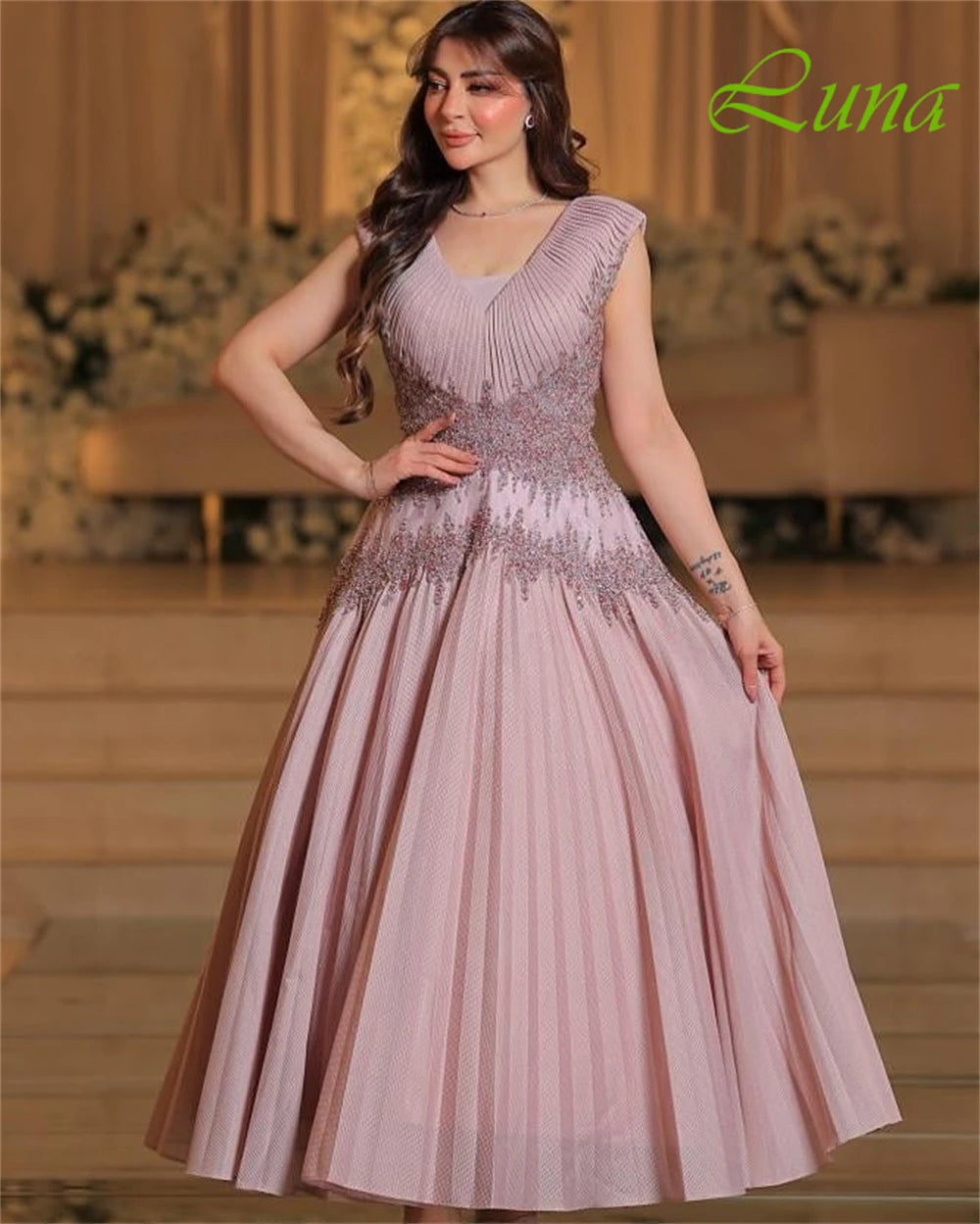 Customized Simple V-Neck Cap Sleeve Sleeveless Evening Dress High Quality Organza Prom Dresses Delicate Crystal Homecoming Gowns