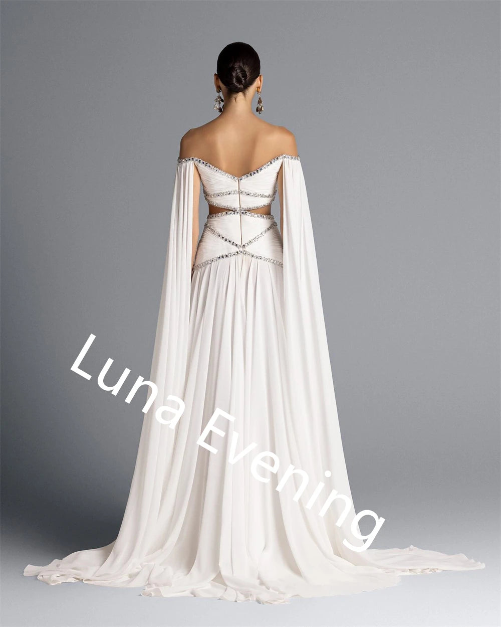 Customized  Temperament  White Chiffon Evening Dress Boat Neck Off the Shoulder Sleeveless Celebrity Gowns Crystal Part